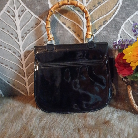 Vintage Bamboo Handle Patented Leather Black Vinyl Evening Handbag 8" - Picture 6 of 12